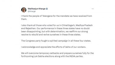 Assembly Election 2023 Results: Congress President Mallikarjun Kharge Thanks Telangana Voters, Acknowledges Disappointment in Chhattisgarh, Madhya Pradesh and Rajasthan